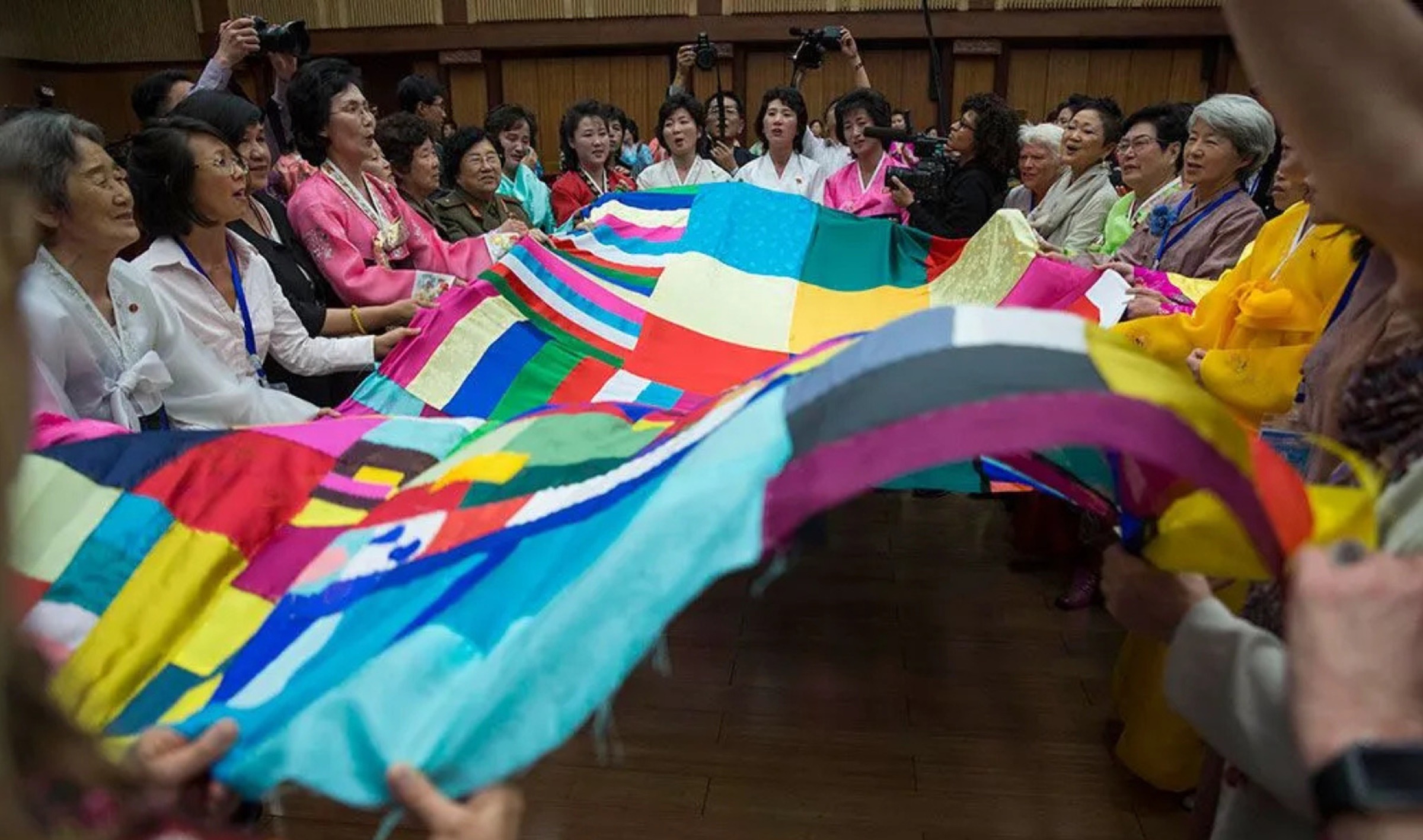Quilt-stitching ceremony at the Women's Peace Symposium in Pyongyang